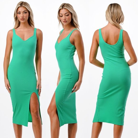 NEW Sweetheart V Neck Ribbed Knit Side Slit Bodycon Midi Tank Dress Bubble Mint - Picture 1 of 9